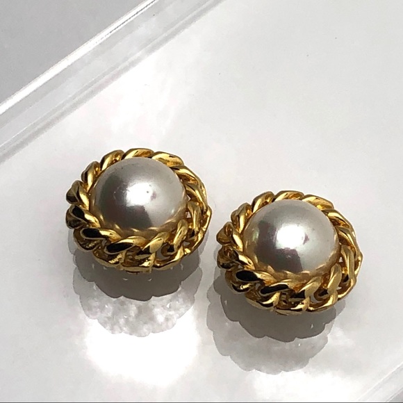 VTG CHRISTIAN DIOR FAUX PEARL CHAIN LINK EARRINGS - Picture 7 of 12